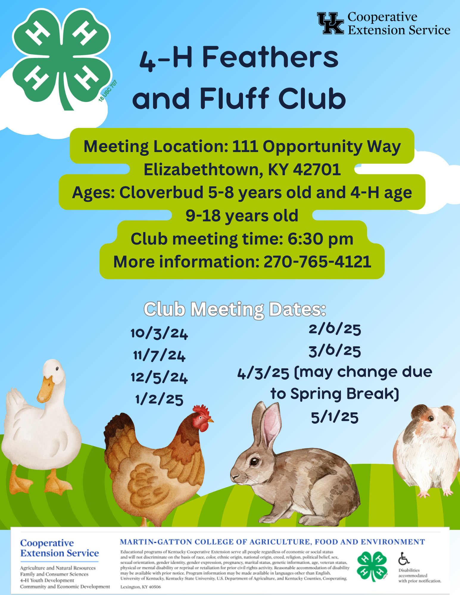 Hardin County 4-H Feathers and Fluff Club basic information and meeting dates listed.