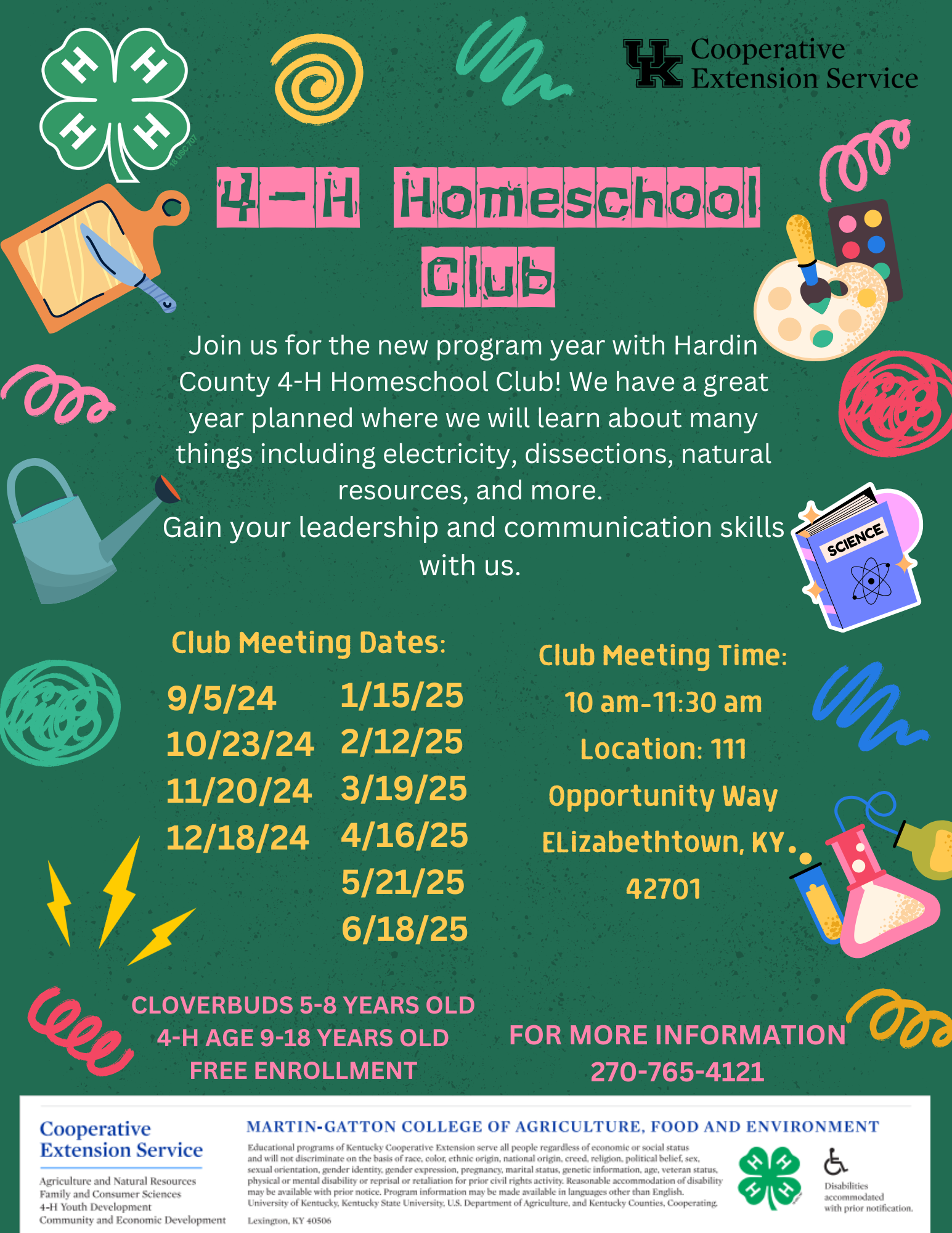 Hardin County 4-H Homeschool Club basic information and meeting dates listed.