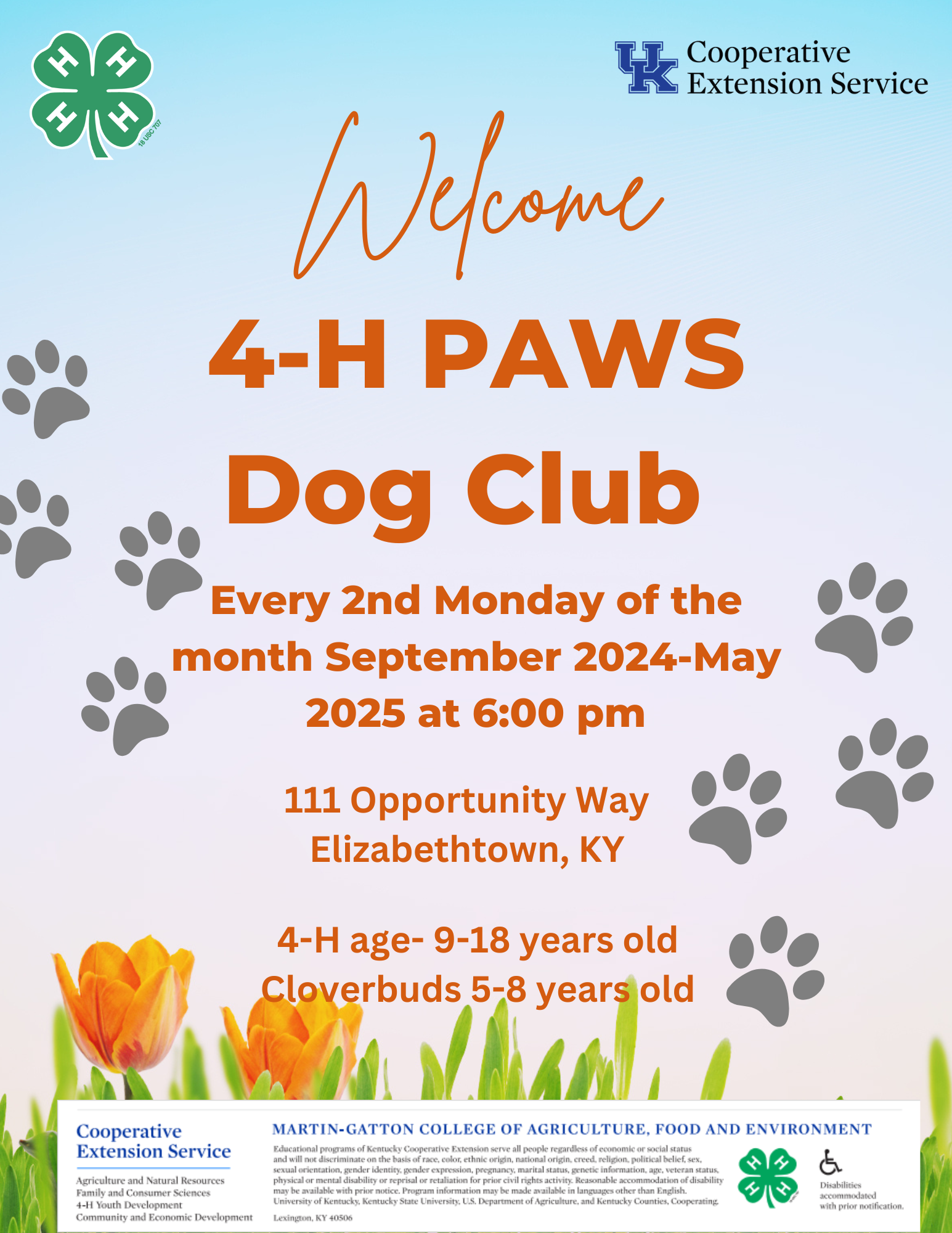 Hardin County 4-H PAWS Dog Club basic information and meeting dates listed.