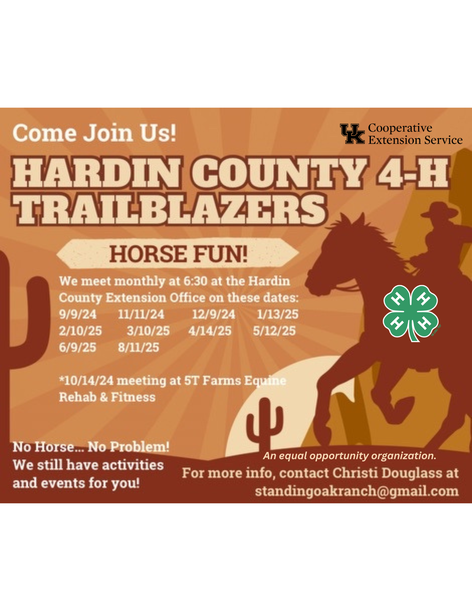 Hardin County 4-H Trailblazers Horse Club basic information and meeting dates listed.