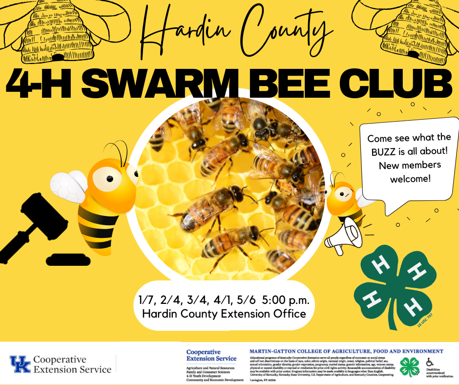 Hardin County 4-H Swarm Beginner Beekeeping Club basic information and meeting dates listed.