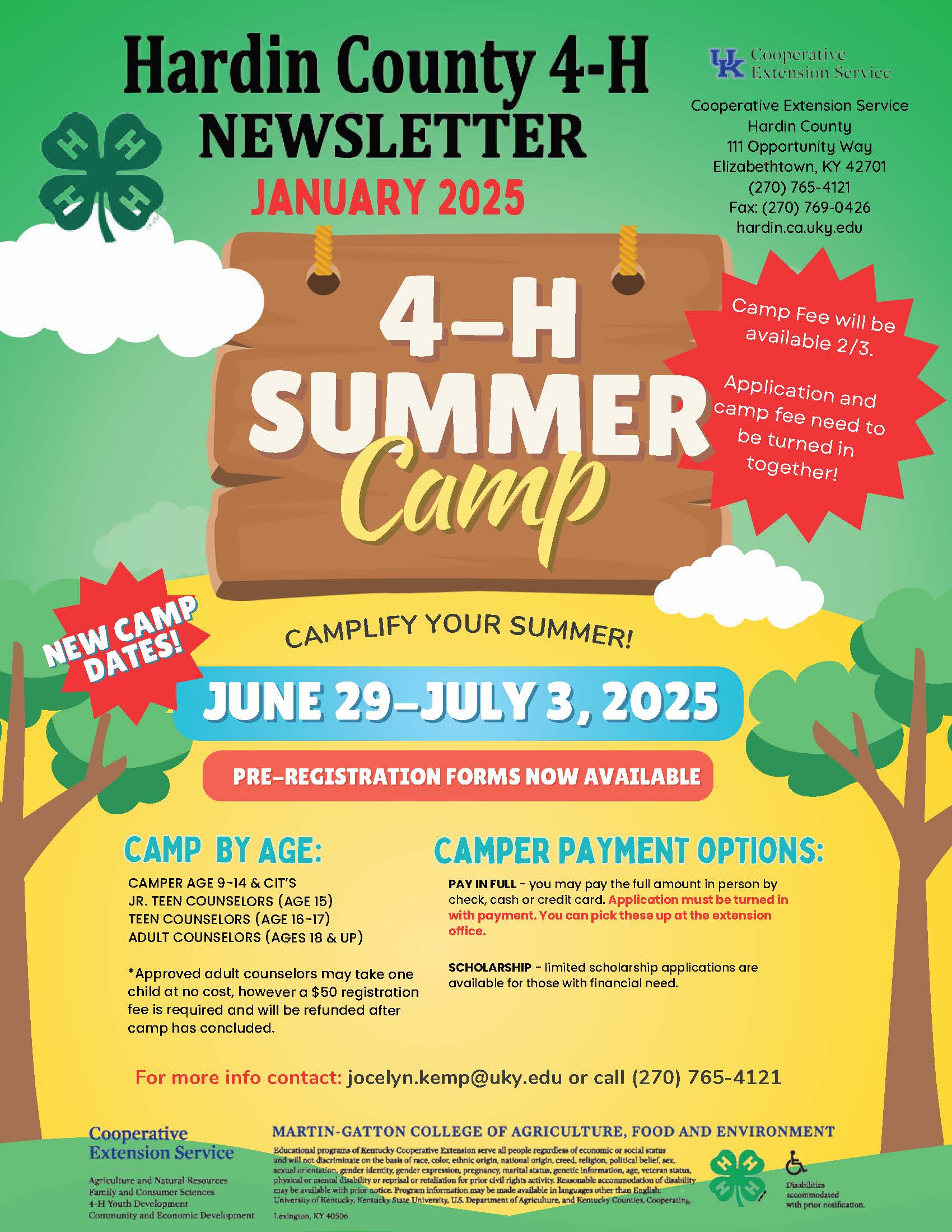 January 2025 Newsletter front page, 4-H Summer Camp information.