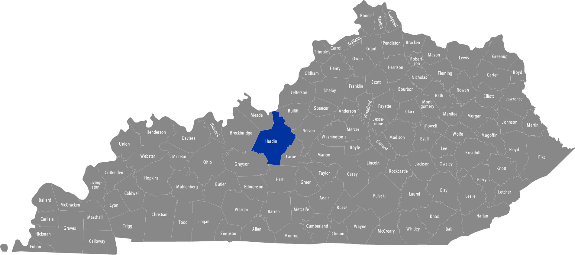 State of Kentucky map with Hardin County highlighted