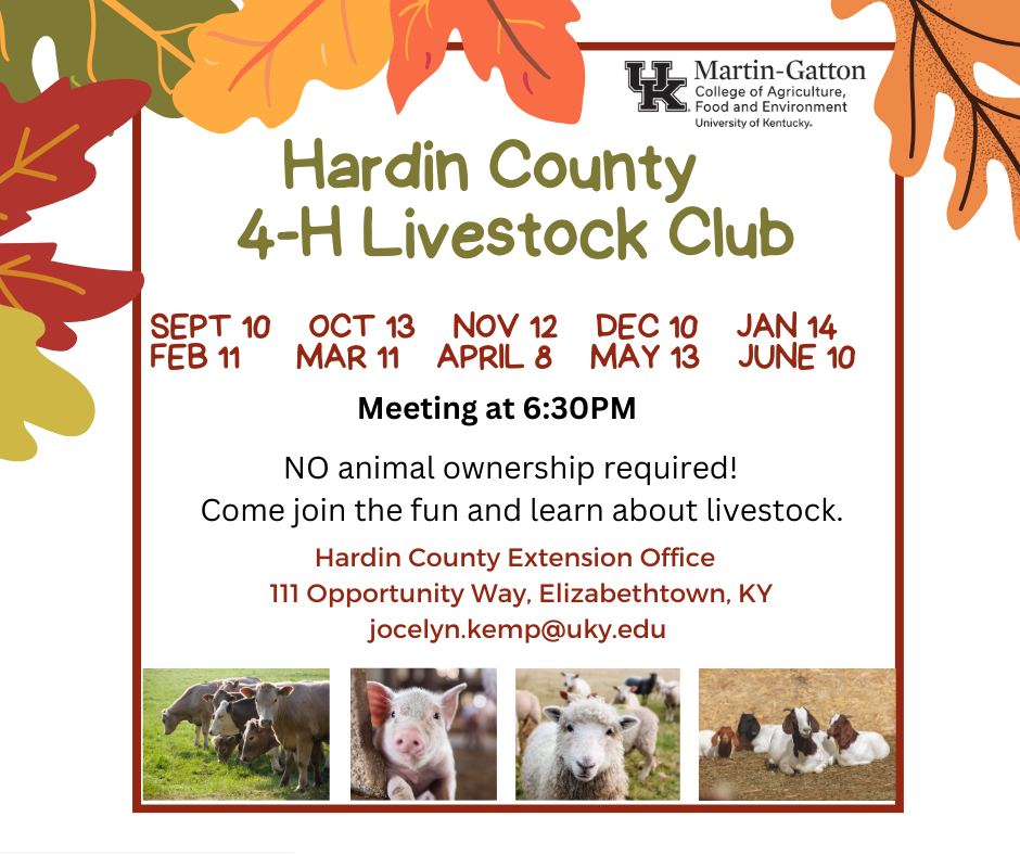 Hardin County 4-H Livestock Club basic information and meeting dates listed.